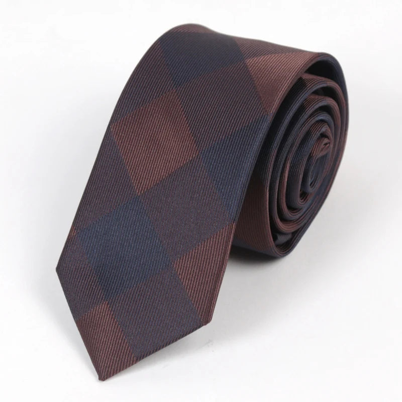 Men's Fashion Casual Skinny Necktie Polyester Ties Man Plaid Solid Qme Brown