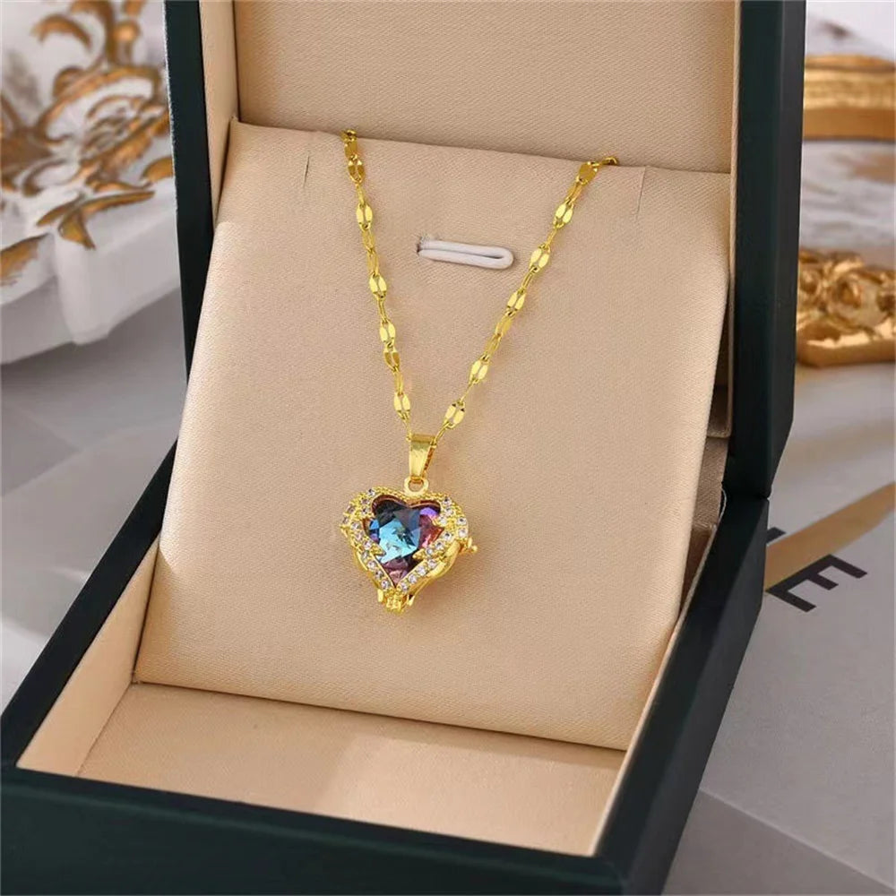 Light Luxury Blue Purple Sparkling Crystal Ocean Heart Necklace for Women Colorfast Collarbone Chain Jewelry Qme