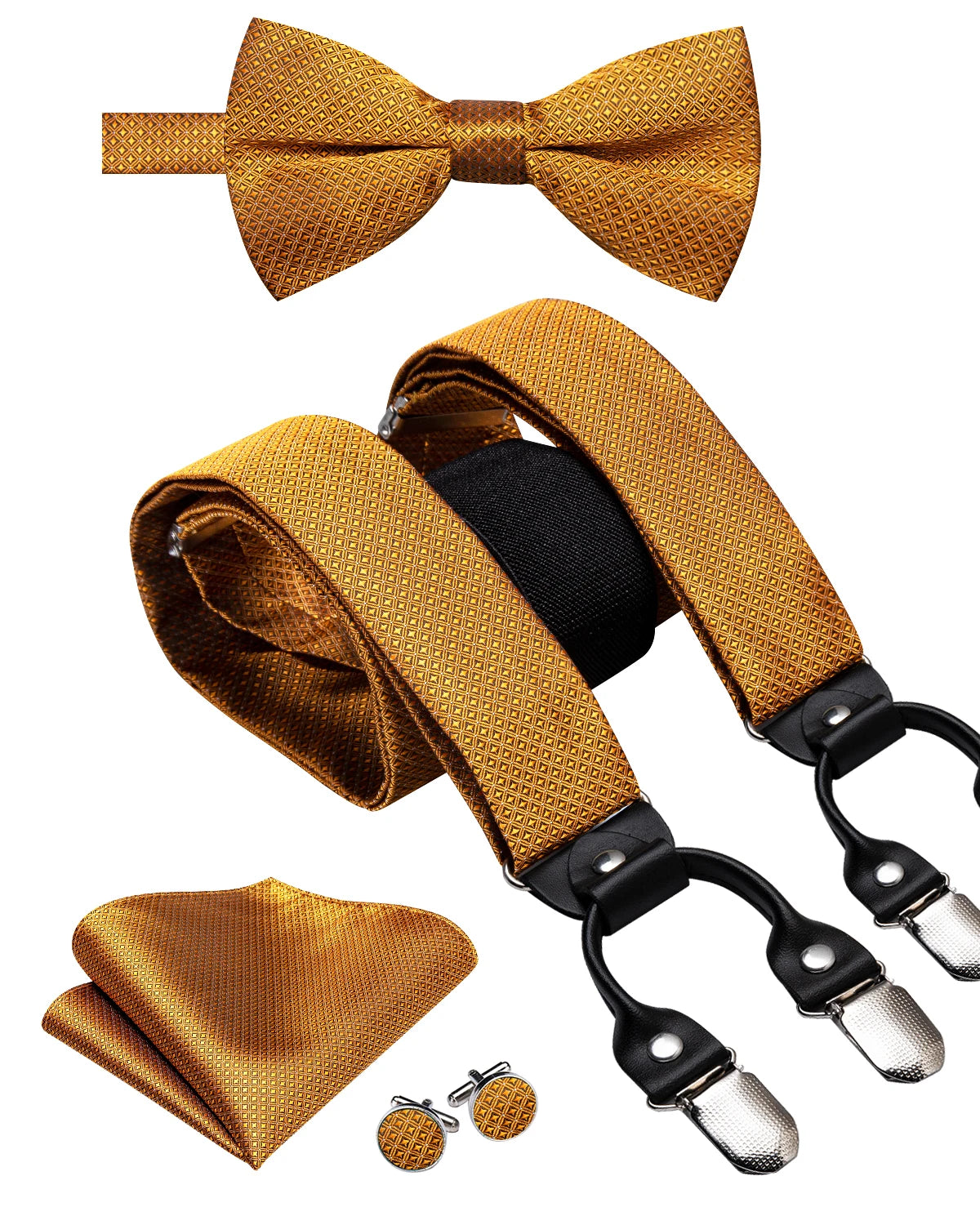 Hi-Tie Silk Men's Suspender Metal 6 Clips on Braces Bow Tie Hankerchief Cufflinks Male Wedding Party Business Vintage Adjustable Qme BD-3067