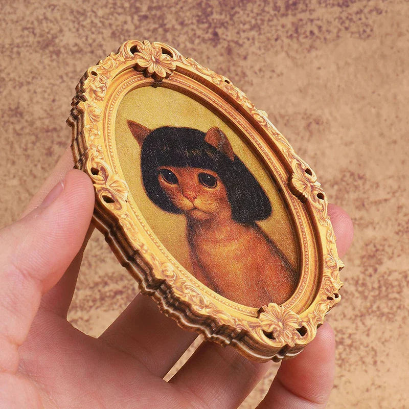 Mini Oval Retro Wooden Photo Frame Fridge Magnet Funny Cat Haircut Qme