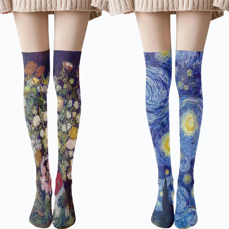 Van Gogh Retro Oil Painting Thigh Stockings Starry Sky Sunflower Qme