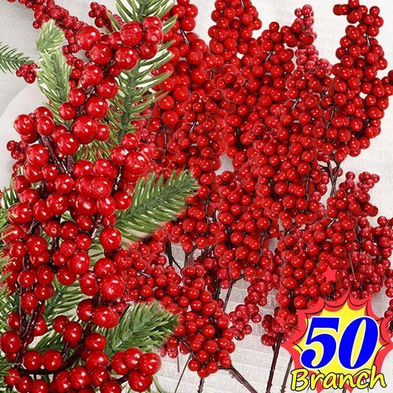 Christmas Artificial Red Berries Branch Fake Plants Flowers Holly Berry Stamen Wreath Ornaments for Xmas Tree Party Home Decor Qme