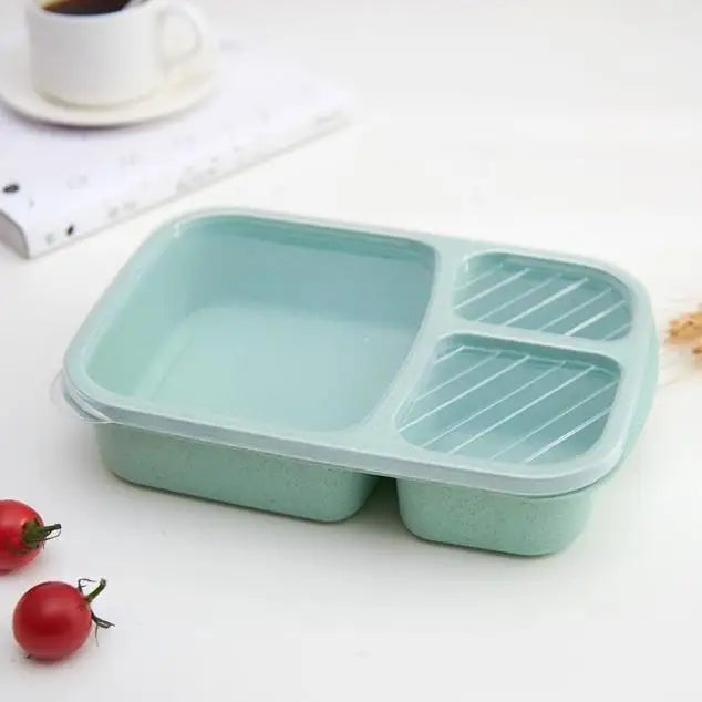 Portable Lunch Wheat Straw Box Single Layer 3 Grid Lid Microwave Food Qme Green 1Pcs