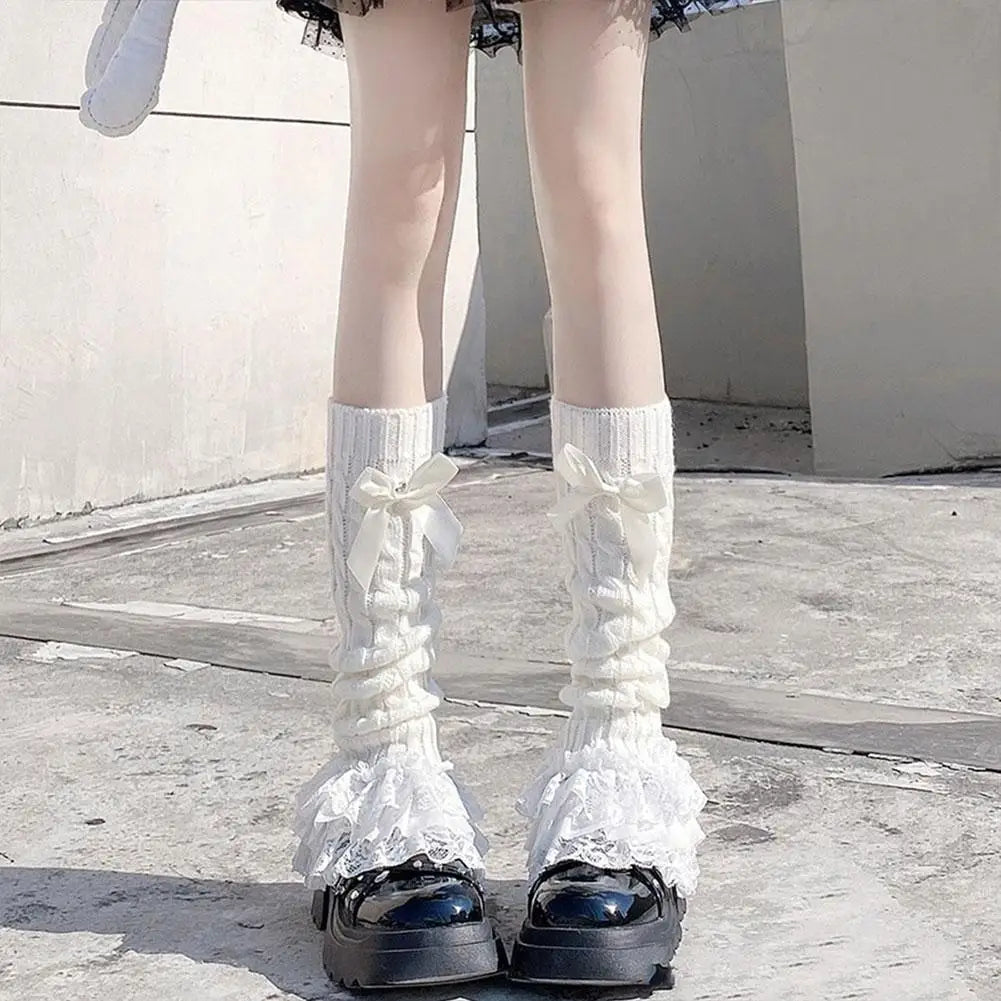 Japanese Women Knitted Leg Warmer Bow Tiered Ruffled Socks Girl Lace Lolita Socks Calf T-shaped Lace Leg Horn Warmers Women Qme