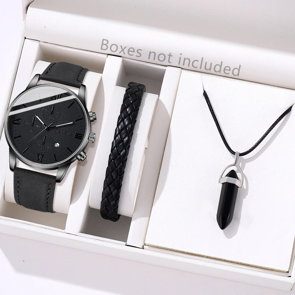 3PCS Black Men's Watch Set Business Trend Quartz Watch Bracelet Necklace Set Suitable for Daily Clothing Matching Perfect Gift Qme black