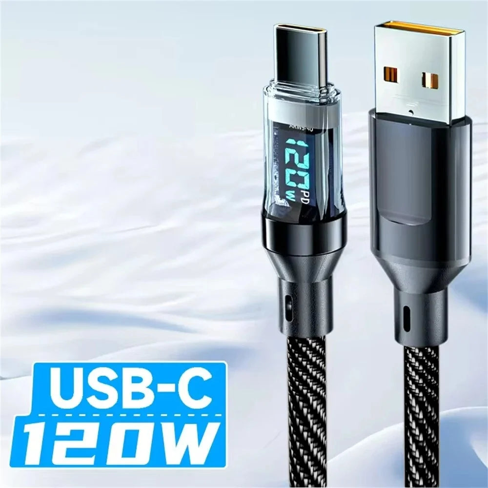120W USB A to Type C Quike Data Cable Cord Type-C To Type-C Fast Charging Data Cord With Led Digital Display For Samsung Huawei Qme Black USB-C 1.5m