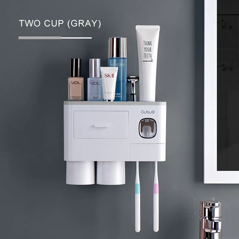 Magnetic Adsorption Inverted Toothbrush Holder Automatic Toothpaste Dispenser With Cup Toothpaste Bathroom Accessories Set Qme CF048-4