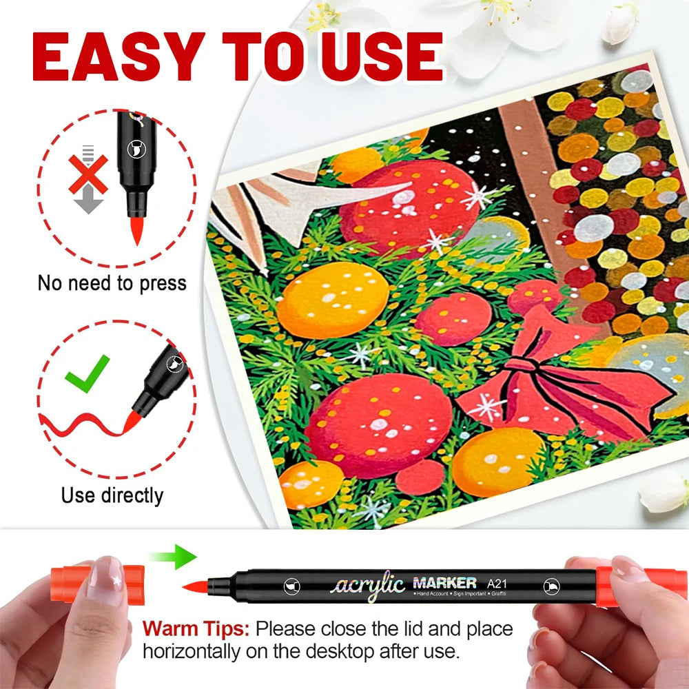 24/48/72 Colors Dual Brush Tip Acrylic Markers Pens, for Rock, Wood, Fabric, Glass, Canvas, Ceramic, Christmas DIY Art Supplies Qme