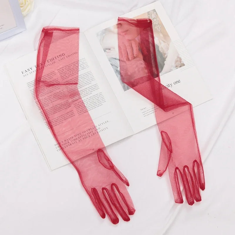 Women's Sexy Transparent Gloves Long Tulle Ultra Thin Full Finger Qme wine red 55cm