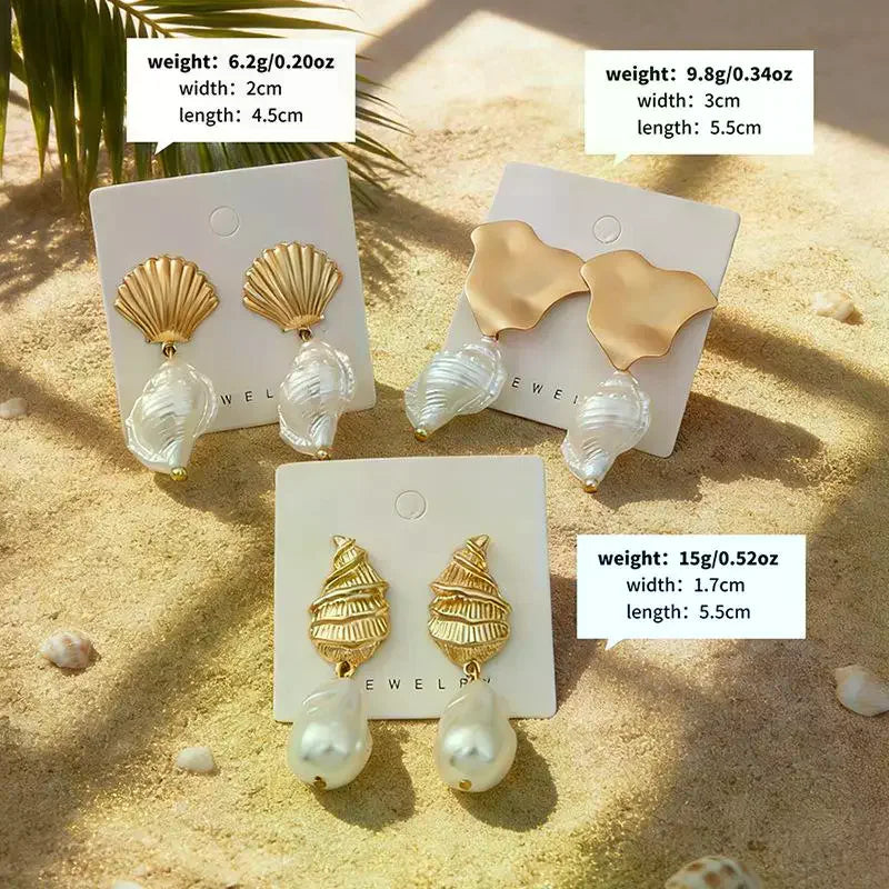 Bohemian Shell Pearl Drop Earrings Gold Plated Ocean Women Beach Qme