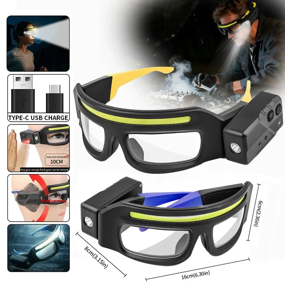 Rechargeable LED Headlamp Glasses ,Detachable Sunglasses,Hands-Free LED Headlight for Night Running,Waterproof Safety Glasses Qme