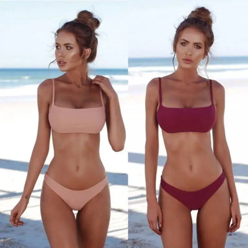 Women's Bikini Solid Two Swimsuit Sexy Spaghetti Strap Beach Swimwear Qme