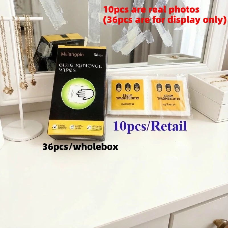 Disposable adhesive remover wipes, easily remove surface glue residue, individually wrapped. Material: non-woven fabric. Qme 10pcs