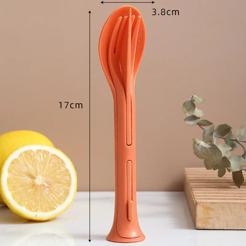 3PCS Portable Wheat Straw Cutlery Set Detachable Travel Tableware Dinnerware Set Camping Picnic Spoon Fork Chopsticks Kit Qme Orange