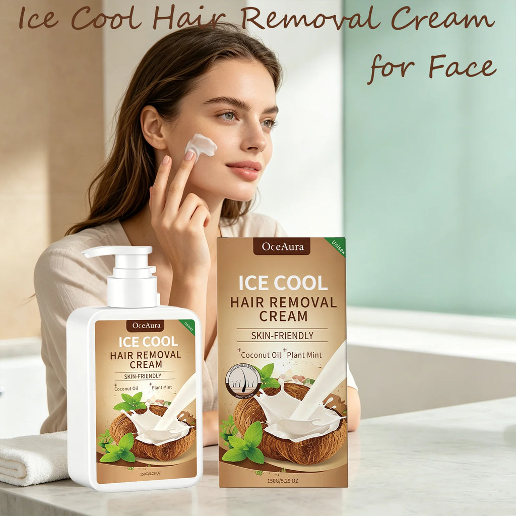 OceAura Ice Cool Hair Removal Cream for Face Coconut Mint Infused Gentle Smooth Residue Free Depilatory Cream for All Skin Types Qme