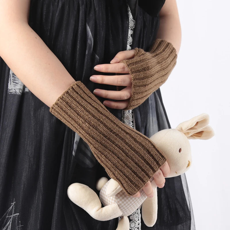Women Gloves Fashion Hand Warmer Winter Glove Girls Arm Crochet Knitting Goth Lolita Solid Fingerless Mitten Kawaii Accessories Qme Coffee length-20cm