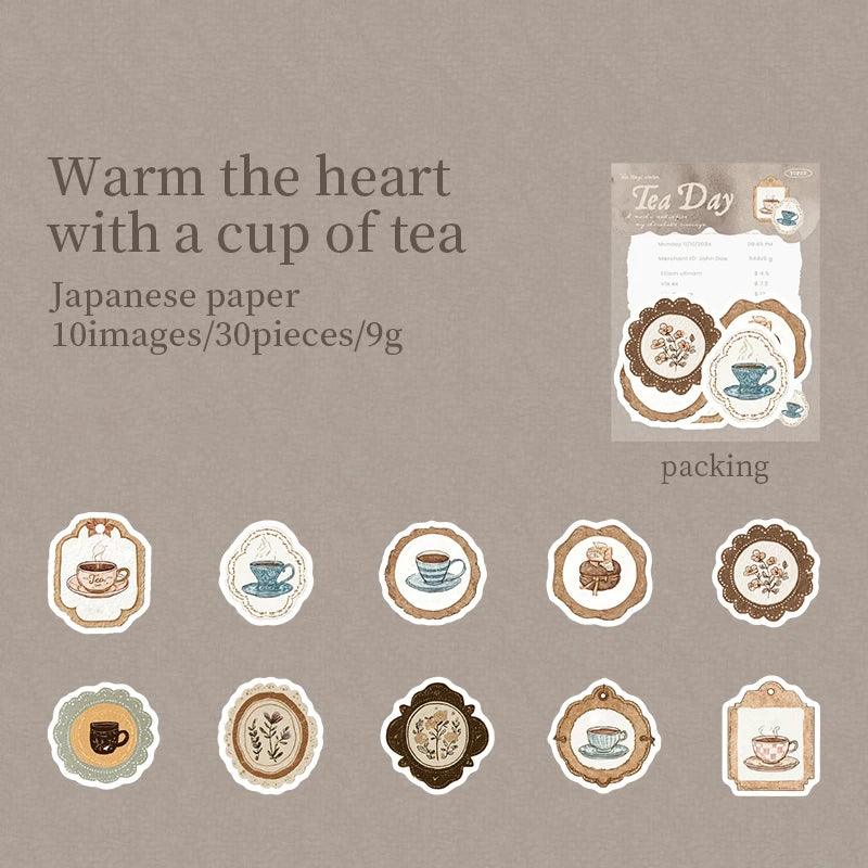 30 Sheets/Bag Japanese Tea House Retro Theme Washi Paper Sticker Pack for DIY Craft, Scrapbook Material, Birthday Gift Qme 6