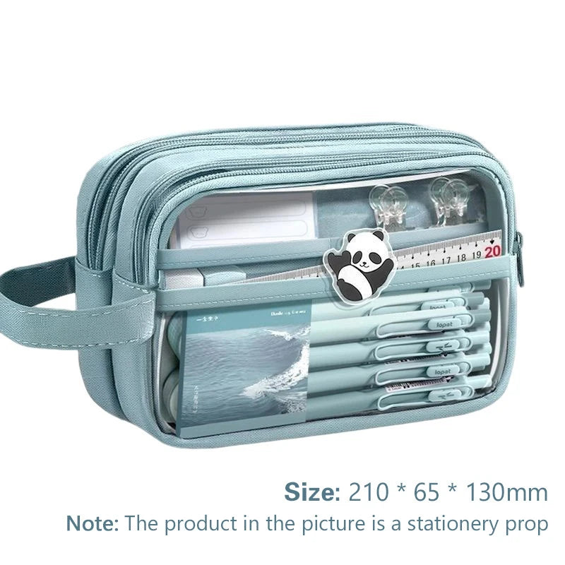 Handheld Double Layer Transparent Pencil Case Pen Bag Hitting Square Qme blue