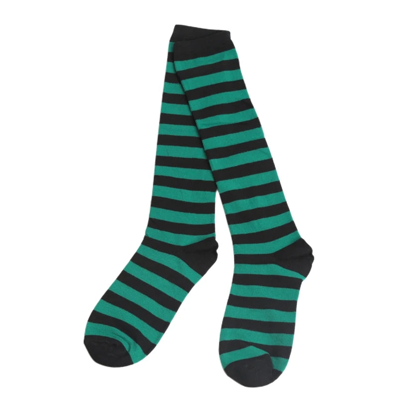 Women Black White Stripe Knee Socks Sweet Lolita Harajuku Stocking Qme green One Size
