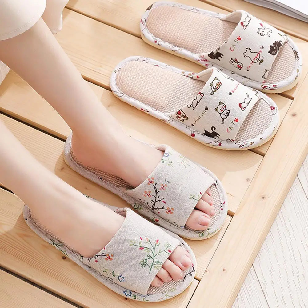 Women Flax Slippers Home Slippers Linen Summer Lightweight Flat Sandal Breathable Comfortable Non-Slip Slides Indoor Men Slipper Qme