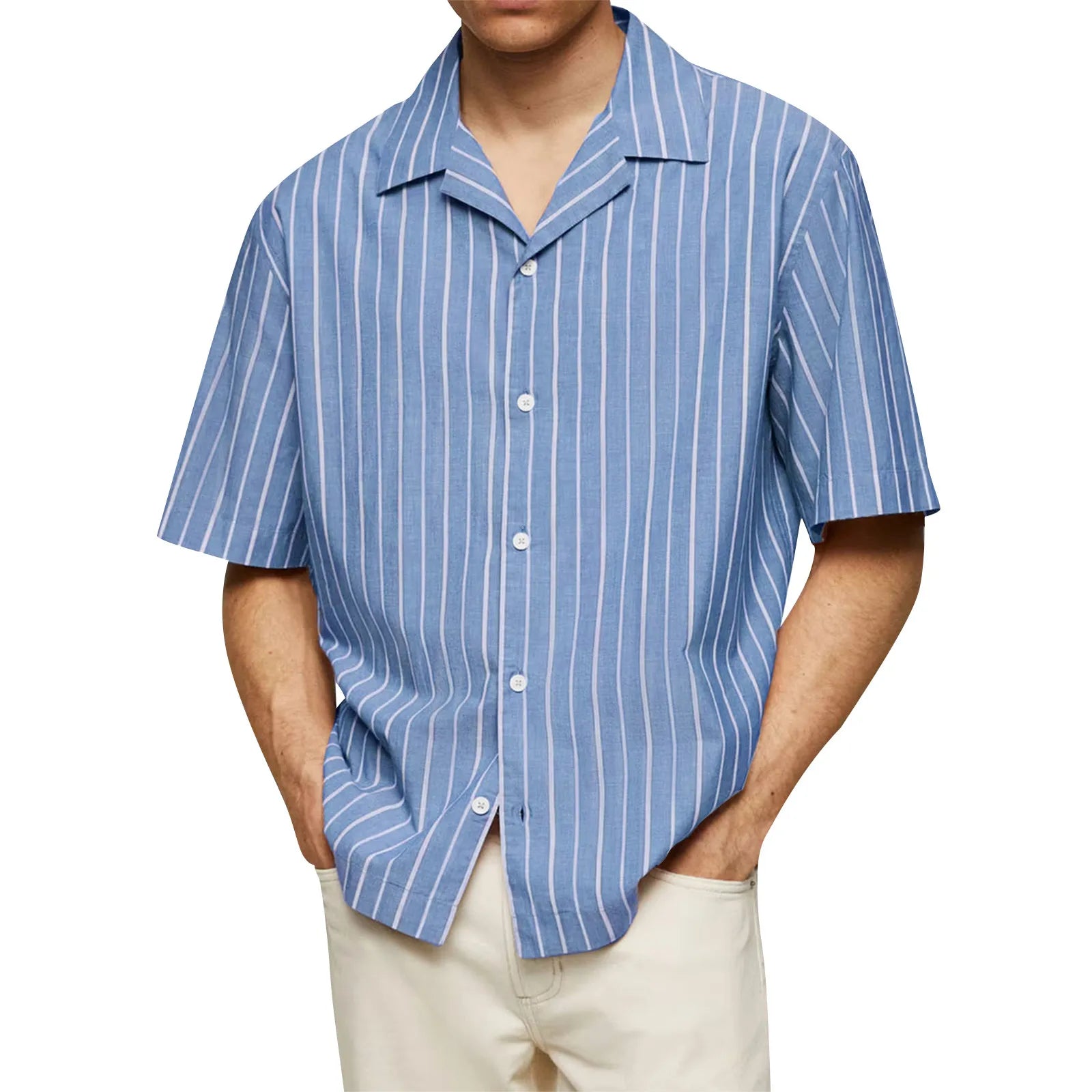 Male Fashionable Stripped Patchwork Retro Business And Daily Half Sleeved Summer Cardigan With Buttons Basics And Versatile Qme Light Blue XL