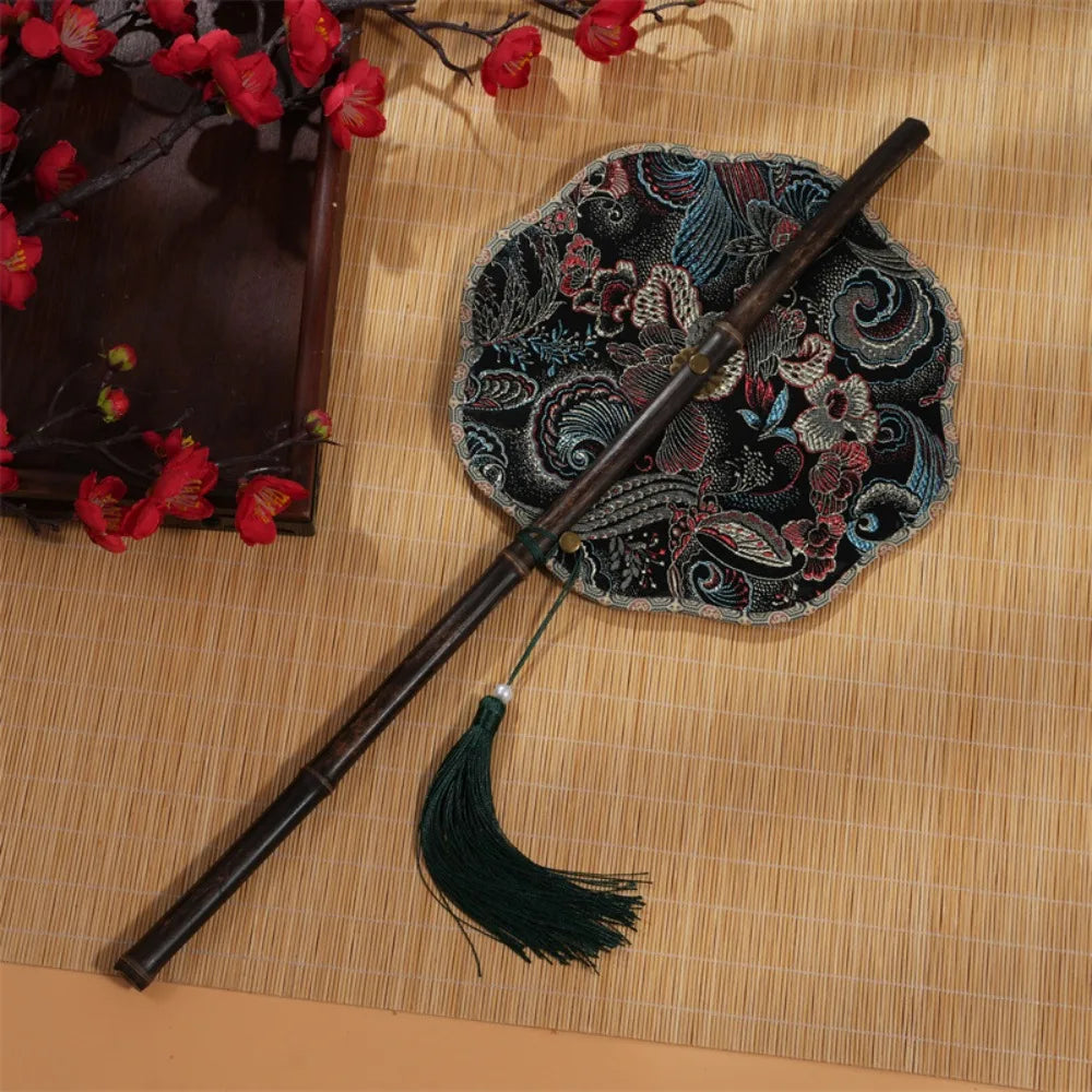 Classical Ancient Style Chinese Bamboo Waist Fan Rollable Foldable Long Handle Fan with Tassel Decorative Group Fan Gifts Qme