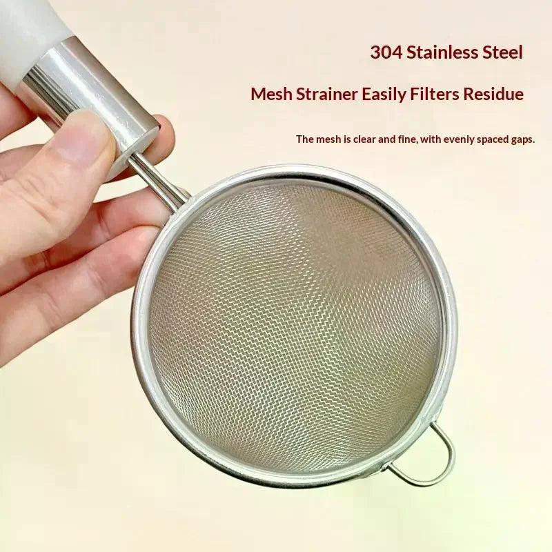 Stainless Steel Mesh Filter Spoon Juice Soybean Milk Strainer Plastic Handle Flour Sieve Colander Kitchen Baking Utensils Qme