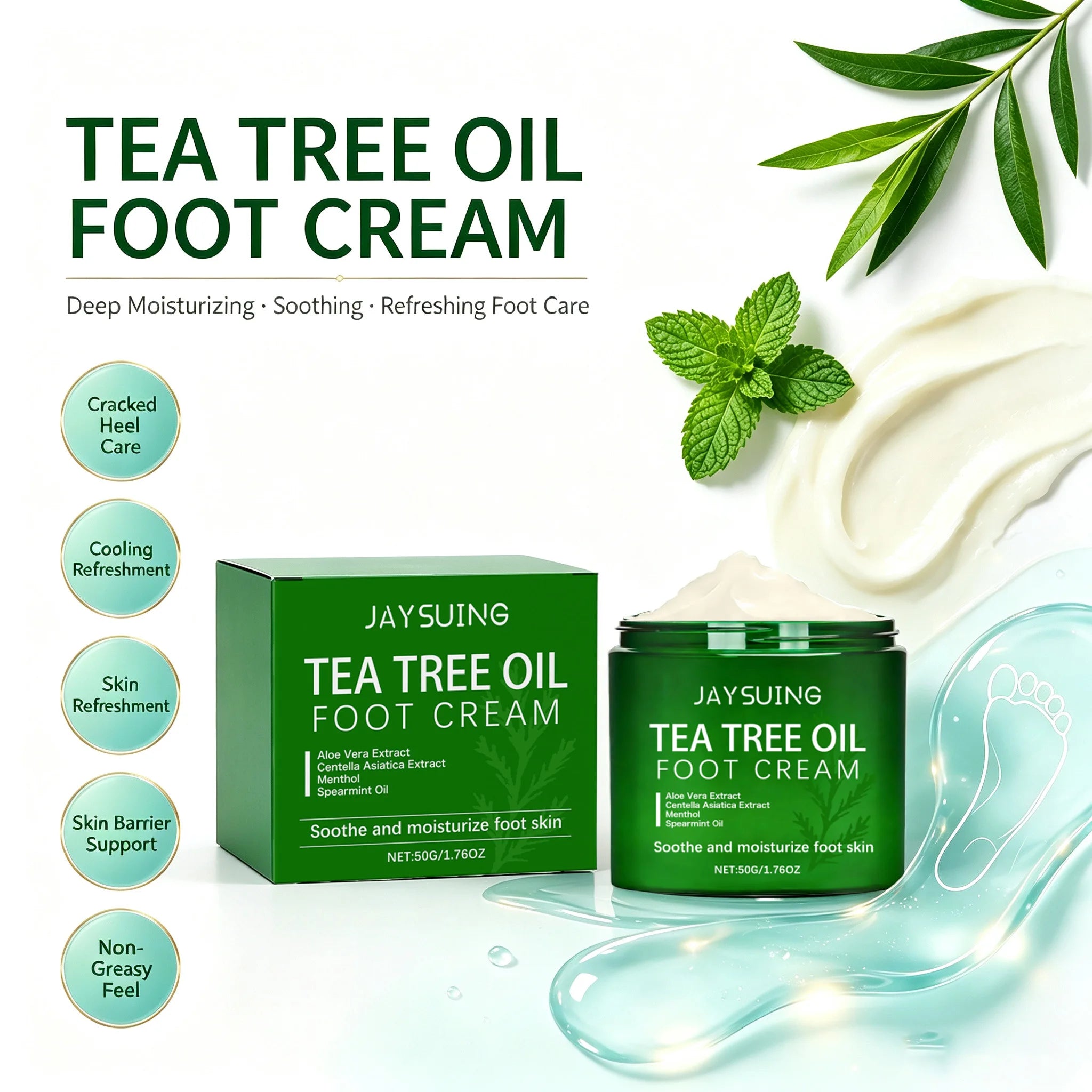 Tea Tree Oil Foot Cream for Dry Cracked Feet Rough Heels Soothing Moisturizing Nourishing Cream Refreshing Non-Greasy Daily Foot Qme