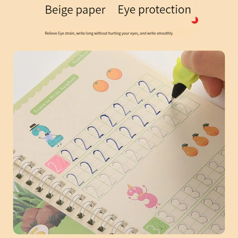 Copybook Reusable Disappearing Ink Writing Book 4-Pack Preschool Calligraphy Practice Set with Pen & Grips Free Wiping Qme