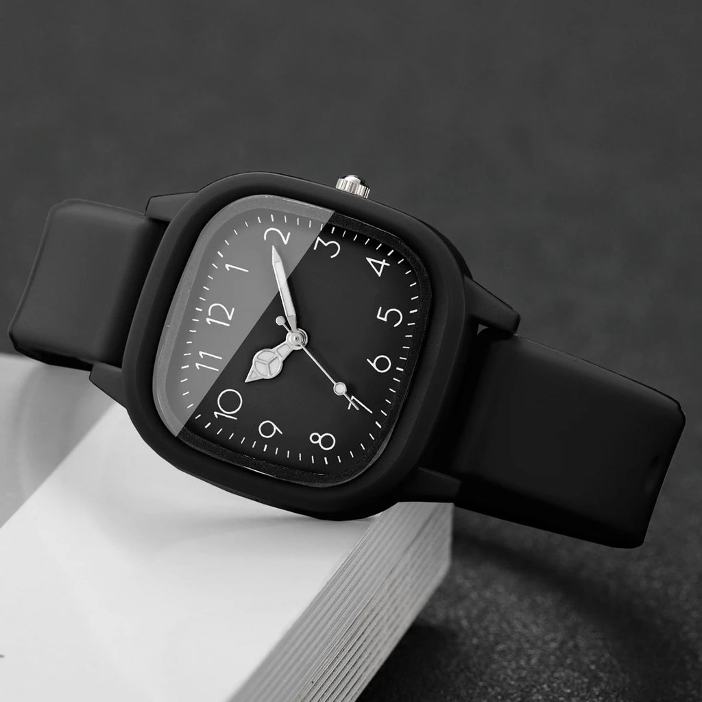 Women 4 In 1 Watch Bracelet Set Square Silicone Quartz Watch Black Bead Tassel Stack Bracelets Casual Ladies Wristwatch Gift Qme