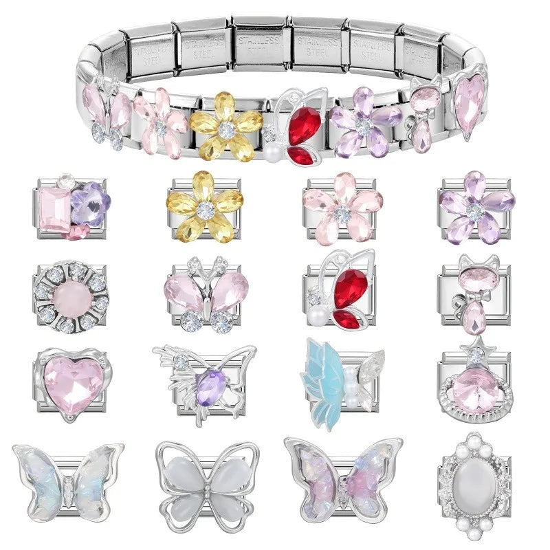 Zircon Bow Knot Blue Flowers Pink Heart Purple Butterfly Italian Charm Links Fit 9mm Bracelet Stainless Steel DIY Making Gifts Qme