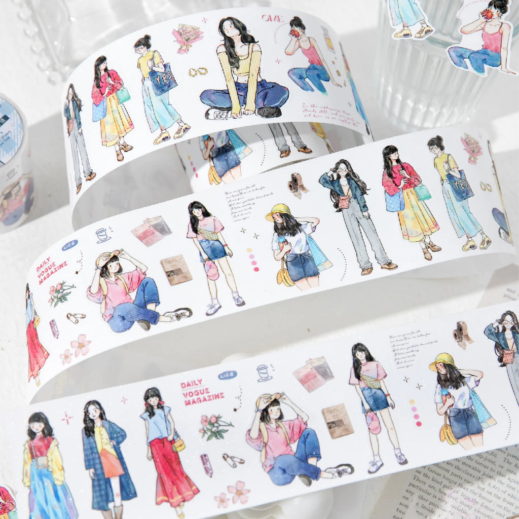 1 Roll Daily Fashion Characters Theme Sparkling Synthetic Paper Washi Tape for Journal Scrapbooking DIY Decoration Qme
