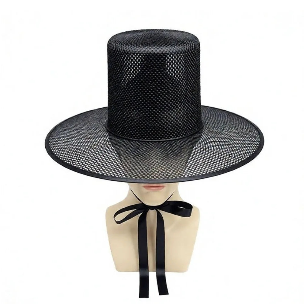 Lightweight Traditional Korean Gat Hat Black Mesh Wide Brim Flat Topper Hat Square Top UV Protection Joseon Dynasty Hat Qme Black