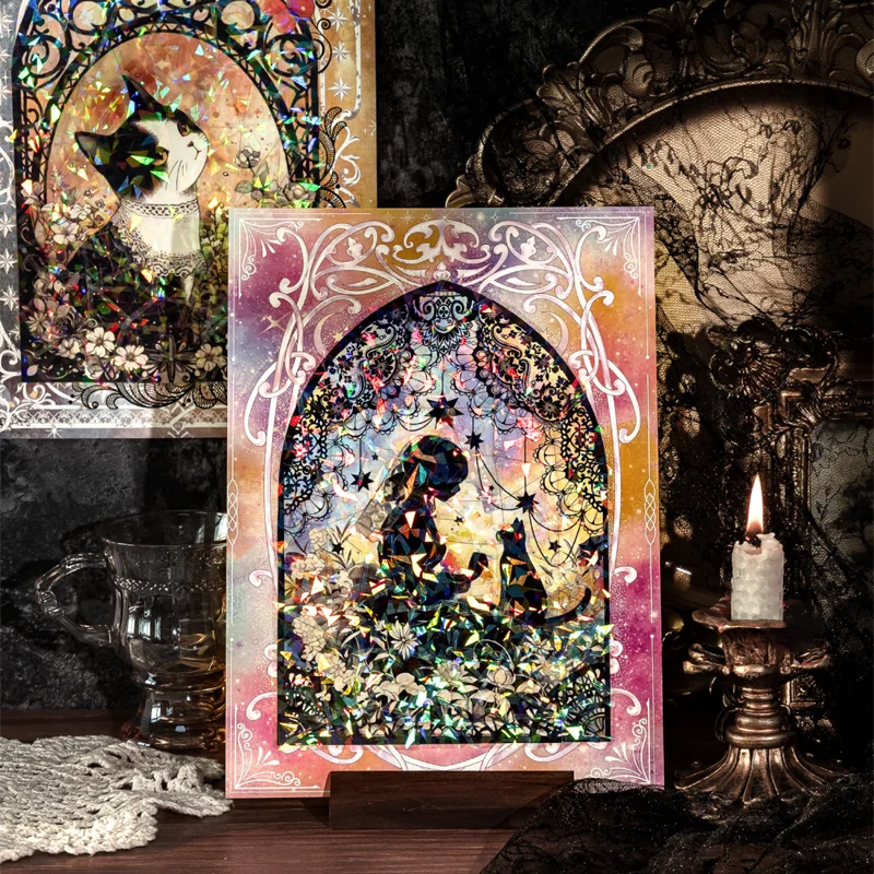 Gothic Dark Cat Theme Crystal PET Puzzle Stickers for DIY Crafts Scrapbooking Journal Phone Case Notebook Decoration Qme