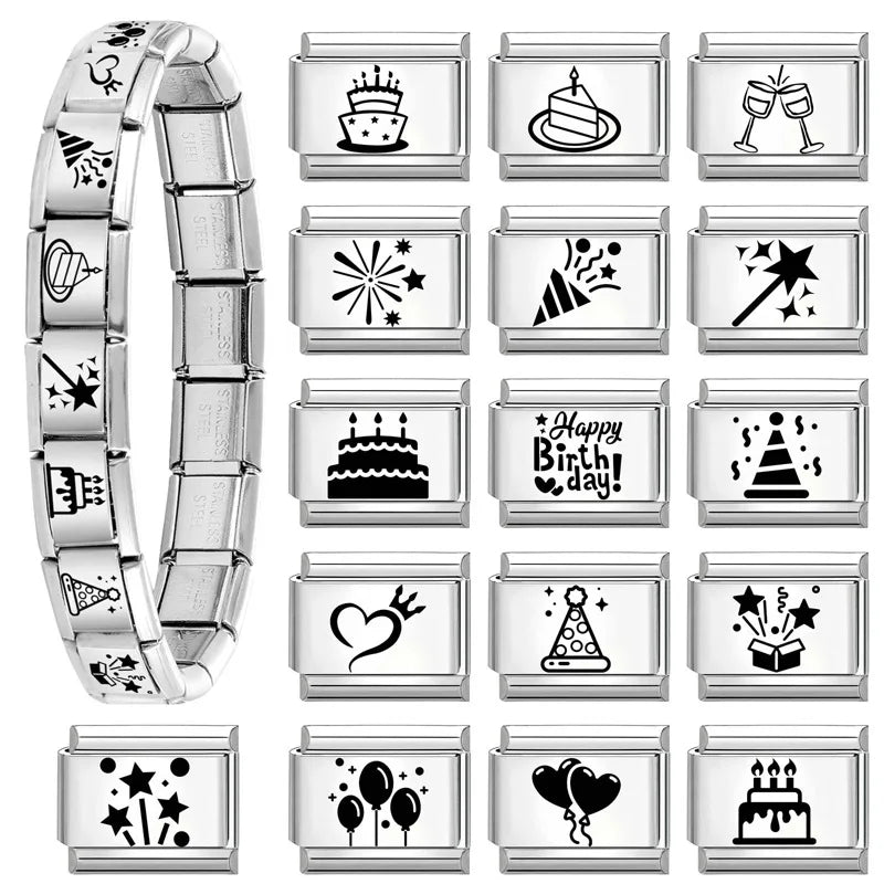 Trendy New Fashion English Words Happy Birthday Big Cake Charm Italian Links Fit 9mm Stainless Steel Bracelet DIY Making Jewelry Qme