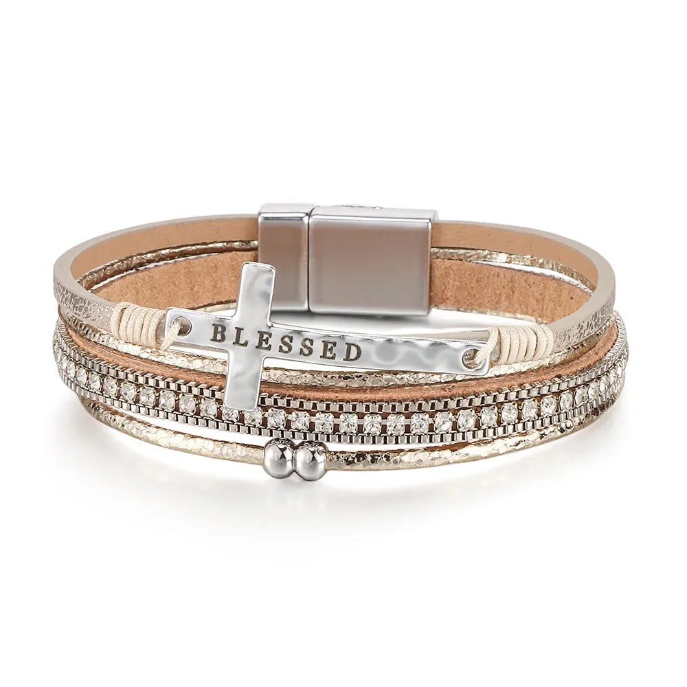 Vintage Bohemian Style Cross Multi-layer Bracelet New Punk Style Diamond Bracelet High-end Leather Bracelet for Women Qme