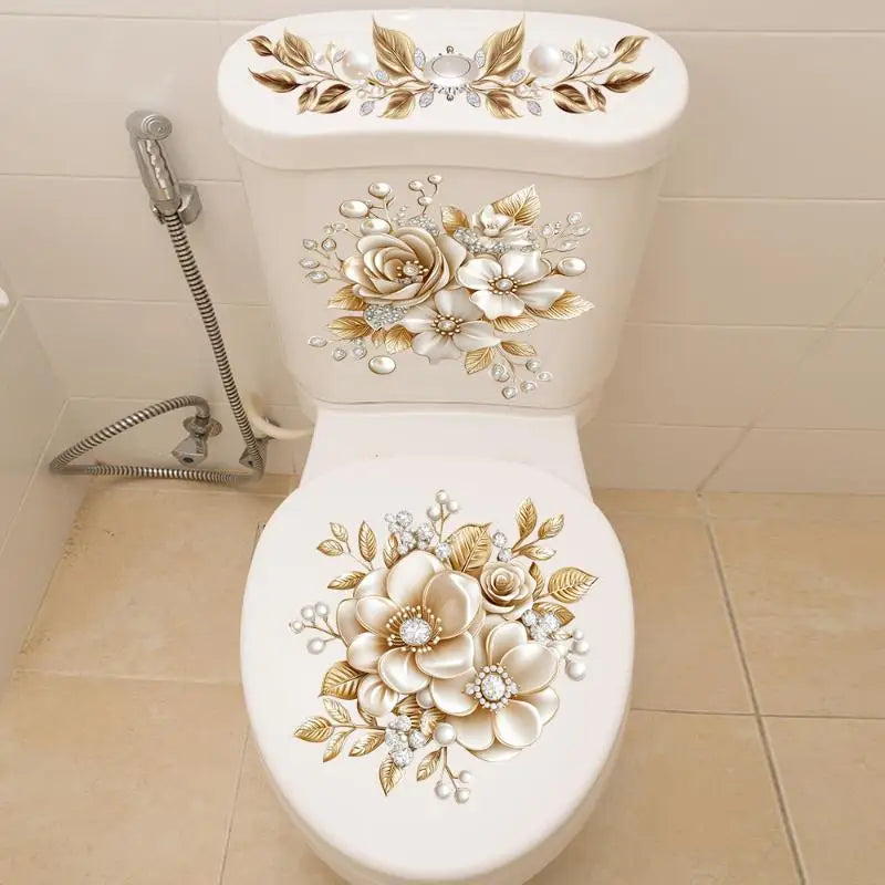 .Luxury Gold Pearl Floral Toilet Sticker Waterproof Self-Adhesive Bathroom Decor Sticker Wall Stickers Home Decoration Stickers. Qme