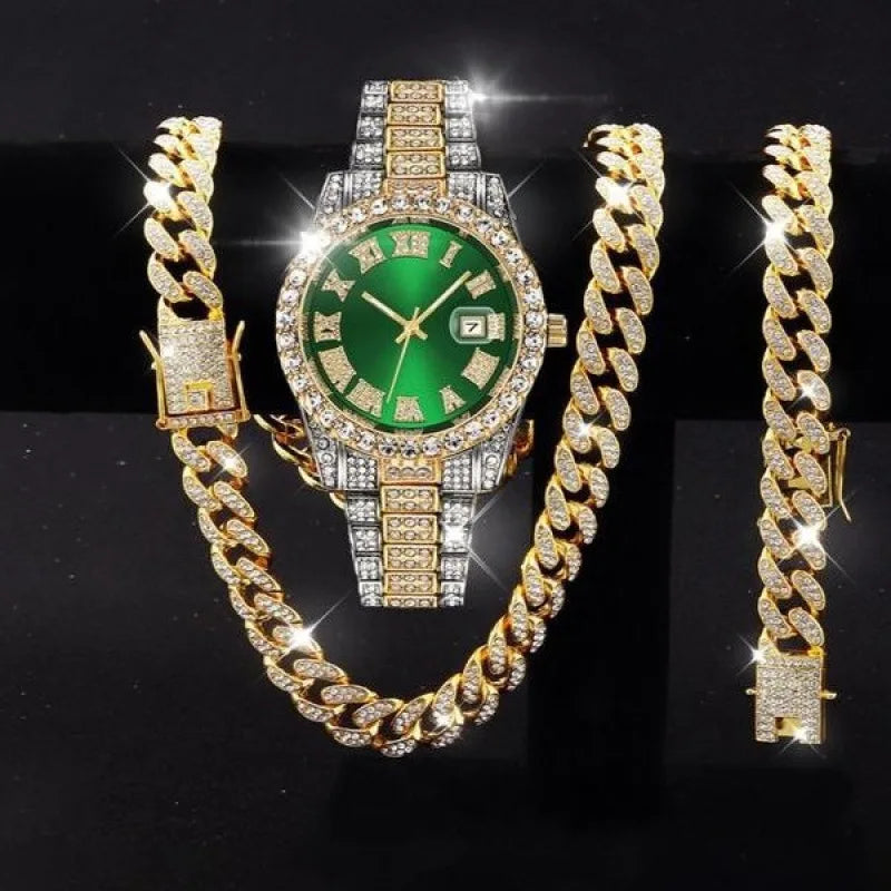 Men's Hip Hop Iced Out Jewelry Combo, Two-tone Gold Silver Plated Diamond Watch + Cuban Chain + Bracelet, Fashion Accessory Qme