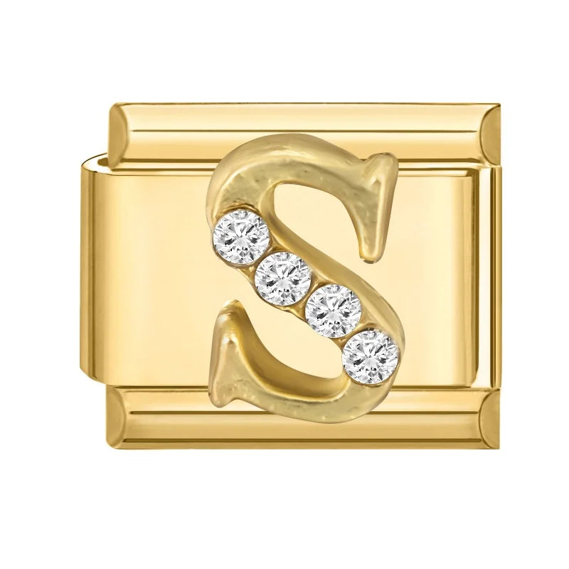 Wholesale Shiny CZ 26 Letters A-Z Gold Color Italian Charms Gold Plated 9mm Stainless Steel Modular Bracelet DIY Jewelry Gift Qme S