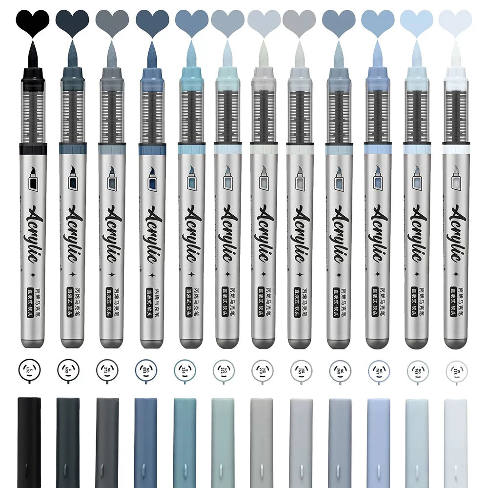 Acrylic Paint Pens Set 12 Pcs Brush Tip Acrylic Paint Pens Set for Artist Creation DIY Handcraft General Painting Stationery Qme Grey Series
