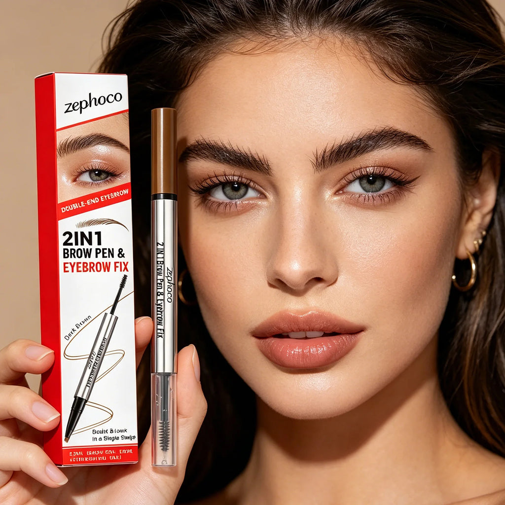 zephoco 2 in 1 Brow Pen Eyebrow Fix Long Lasting Waterproof Quick Shape Multi-use Smudge Proof Makeup Double-End Eye Brow Pencil Qme