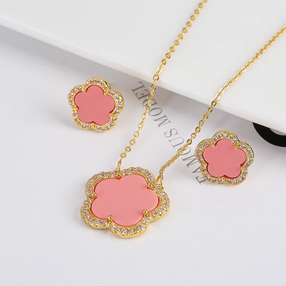 Trendy New Sweet Fashion Natural White Solid Five Leaf Petals Women Jewelry Set Necklace Earrings High Quality Gift Qme 2