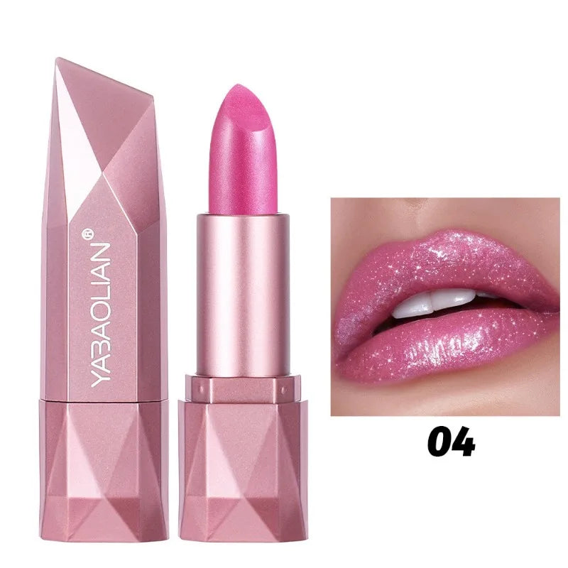 Diamond Shine Lipstick, Pearlescent Golden Lipstick with Fine Glitter, High Gloss Hydrating Long Lasting & Non-Drying Lip Makeup Qme