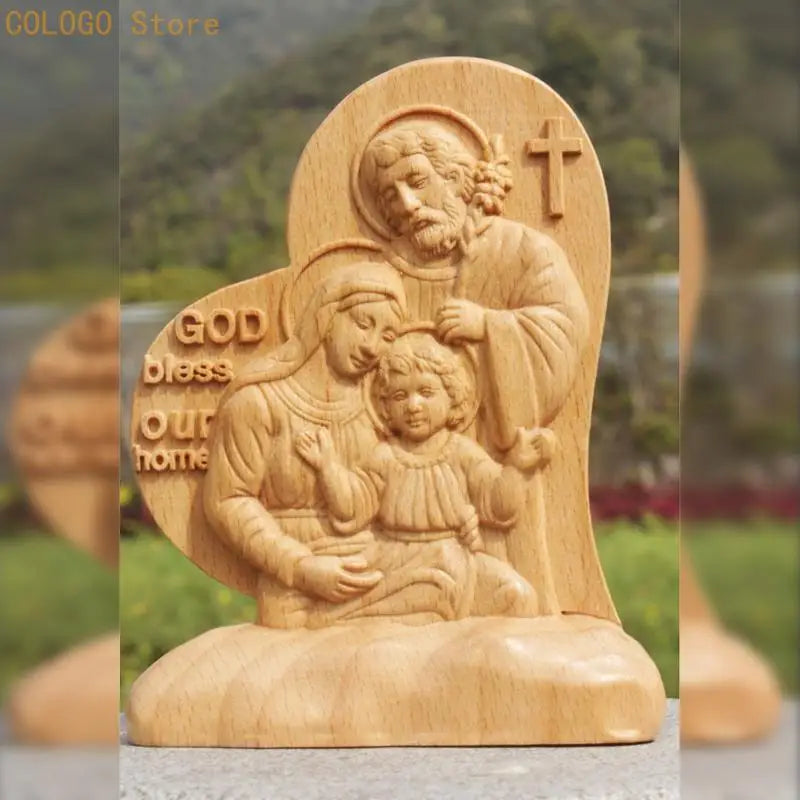 Wooden Figurine Catholic Love Heart Shaped Jesus Holy Family Carving Qme