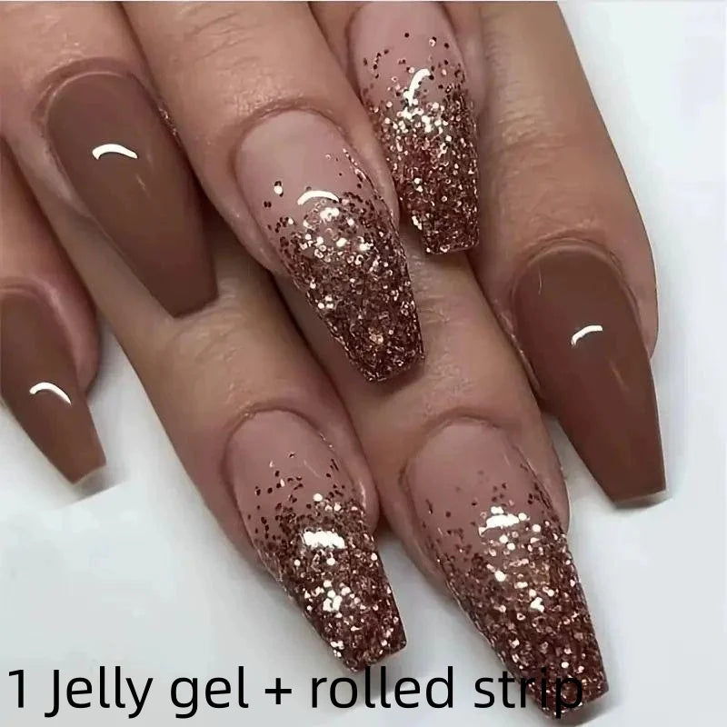 Silver square fake nails glitter inlay delicate and gorgeous simple and generous suitable with 1 Jelly Gel and 1 Nail File Qme 1