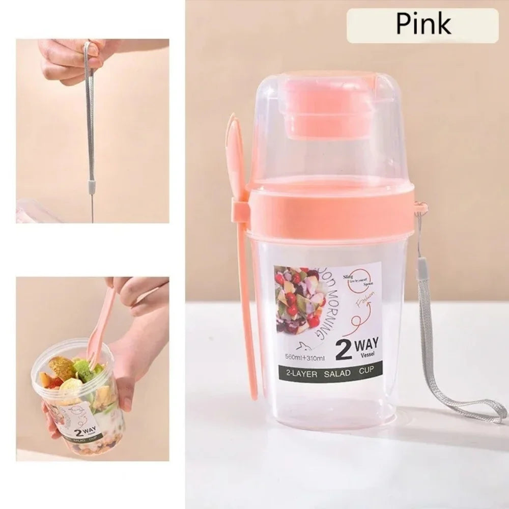 Portable Salad Double Layer Cup Fruits Oatmeal Yogurt Breakfast Lunch Box Food Storage Cup Outgoing Overnight Cup with Lid Spoon Qme Pink