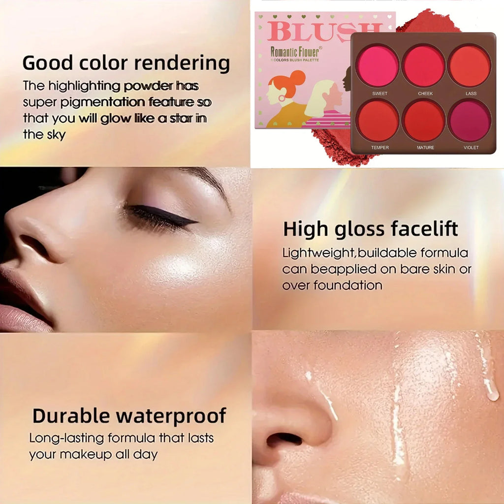 6 Colors Waterproof Matte Blush Palette Medium Buildable Coverage Long-Lasting Natural Finish Light and breathable, Qme