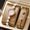 Women's Elegant Gold Jewelry Set, Pearl Band Quartz Watch with Mother-of-Pearl Dial and Heart Diamond Bangle Qme Gold Kit No Box