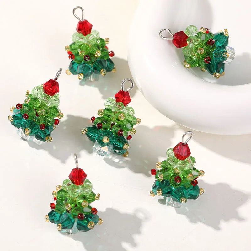 5Pcs 3D Beaded Christmas Tree Crystal Charms for DIY Crafts Christmas Keychain Bracelet Necklace Earring Jewelry Making Supplies Qme
