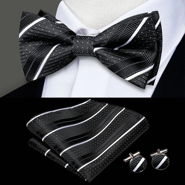 Mens Bow Tie Hanky Cufflinks Pre-tied Red White Pink Solid Floral Stripes Paisley Bowtie for Male Wedding Business Gift Qme LDLH2537